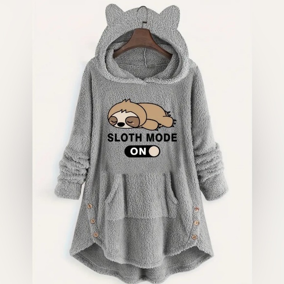 🦥 New! Grey Sloth Mode On Grey Pullover Hoodie w Ears & Kangaroo Pockets Sz Med - Picture 1 of 11